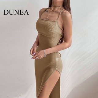 DUNEA Đầm Dệt Kim Hai Dây Xẻ Tà Quyến Rũ Thời Trang Cho Nữ
