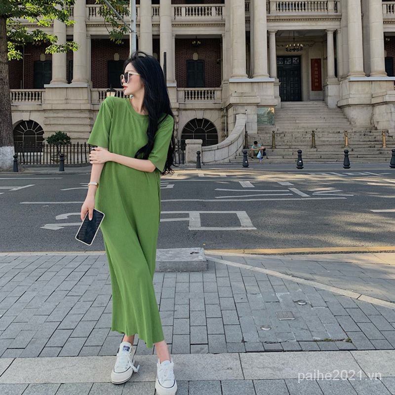 PaiHO❤20230902❤Đầm Thun Dài Qua Gối Tay Ngắn Dáng Rộng Kích Thước Lớn Jin