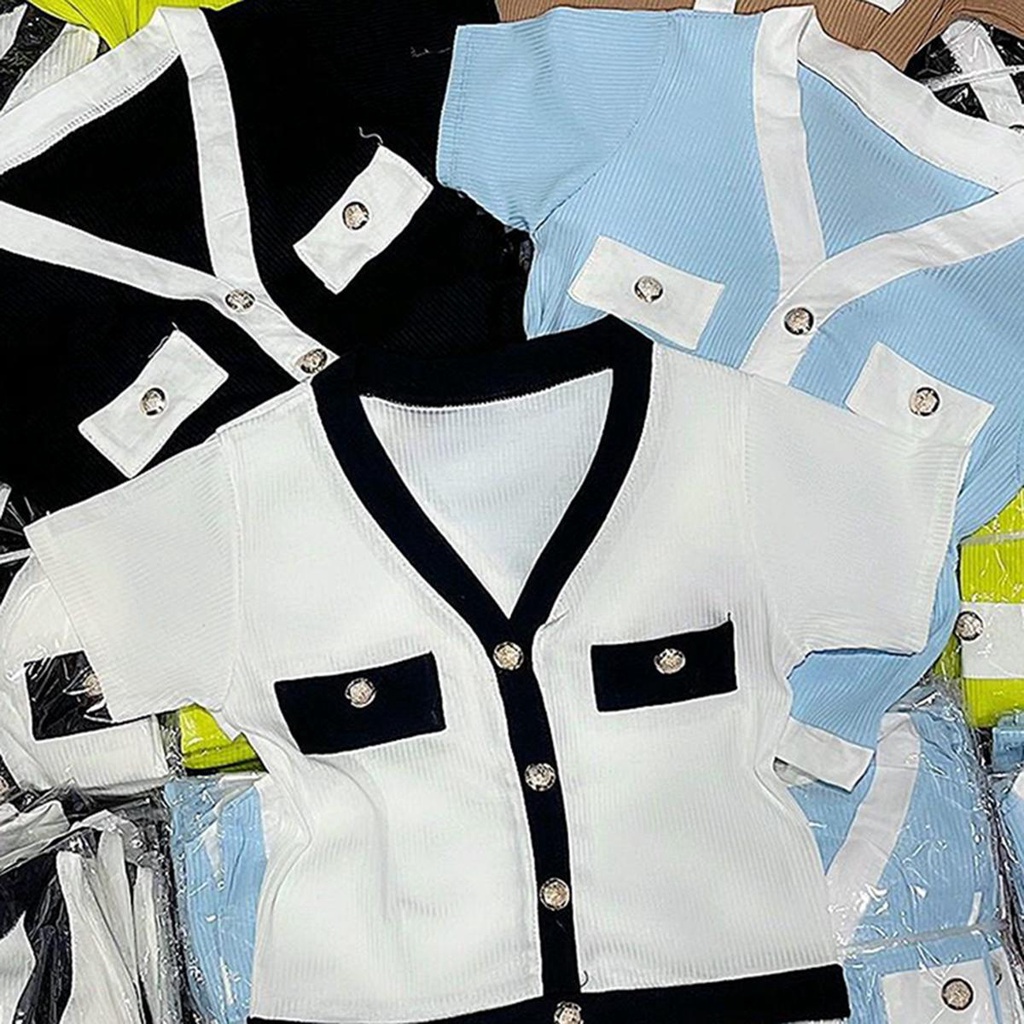 Áo Croptop đính nút viền cổ chữ V Ôm body. Áo thun nữ phối viền túi đính nút kiểu