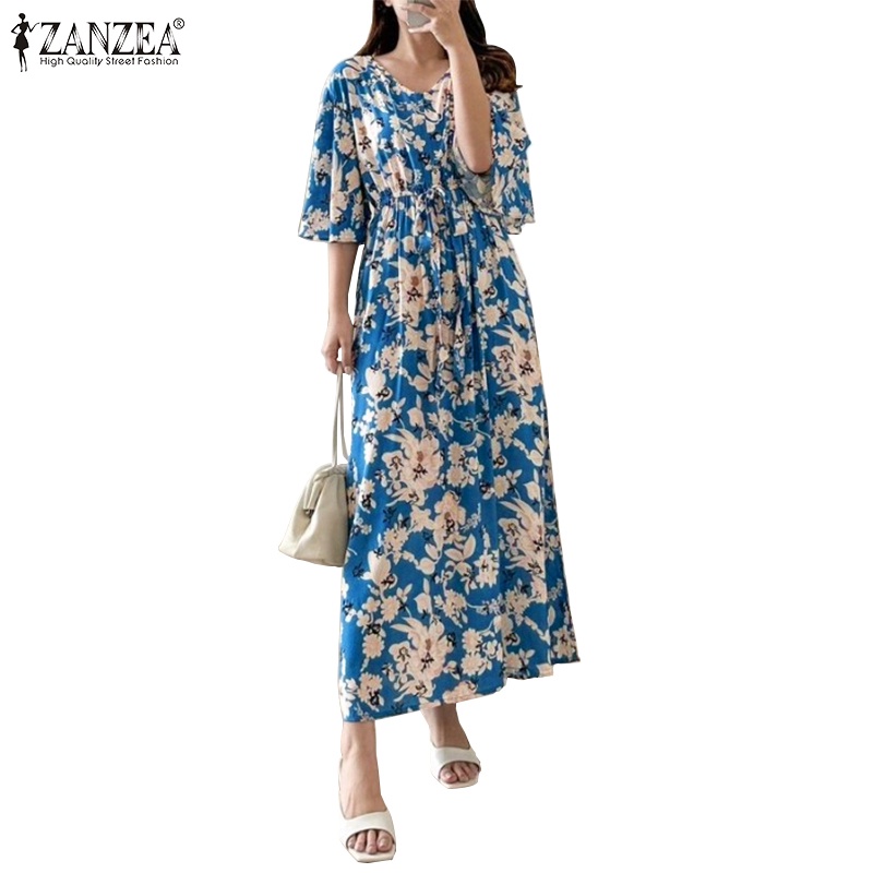 Zanzea Đầm Nữ Tay Lửng Cổ Chữ V Họa Tiết Hoa Thời Trang Cá Tính