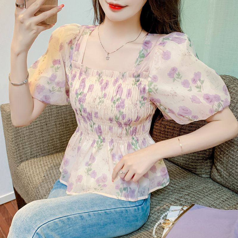 Áo sơ mi nữ hoa cổ vuông kiểu pháp mùa hè với tay áo bong bóng tay ngắn và thời trang eo thon