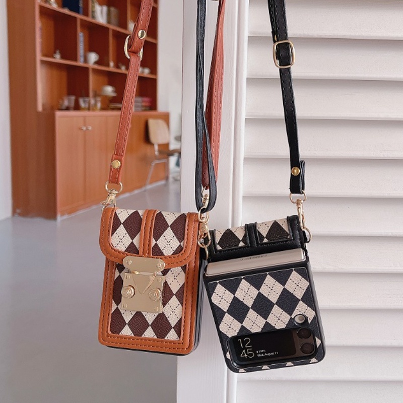 Ốp Điện Thoại Da Nắp Gập Họa Tiết Lưới Có Ngăn Đựng Thẻ Và Dây Đeo Chéo Sang Trọng Cho Samsung Galaxy ZFlip4 Flip3 flip5 5G