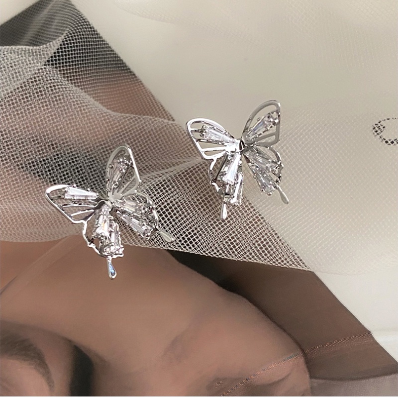 Bông Tai Bạc Hình Bướm Rỗng Đính Đá Zircon Lấp Lánh Thời Trang Cho Nữ