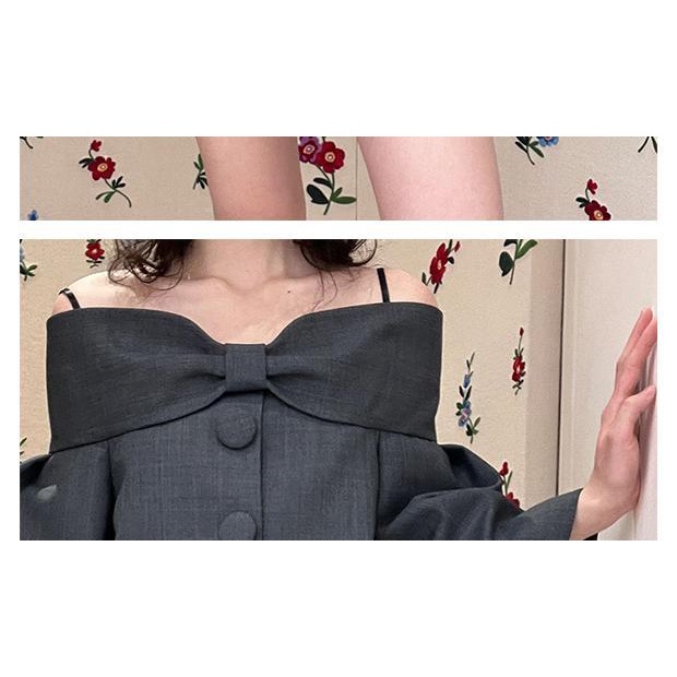 Set Áo Trễ Vai + Chân Váy Màu Xám Đính Nơ Thời Trang Mùa Hè Phong Cách Phương Tây Cho Nữ