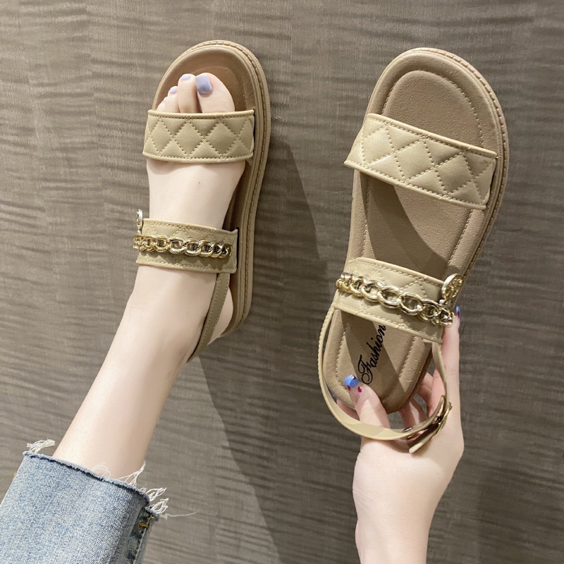 Dép Sandal Quai Chéo Phối Dây Xích Vàng Chống Trượt Thời Trang Mùa Hè Cho Nữ