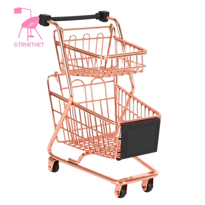 Mini double layers giỏ hàng mô hình siêu thị sắt rèn xe đẩy kim loại vàng hồng giỏ lưu trữ vàng hồng vàng hồng
