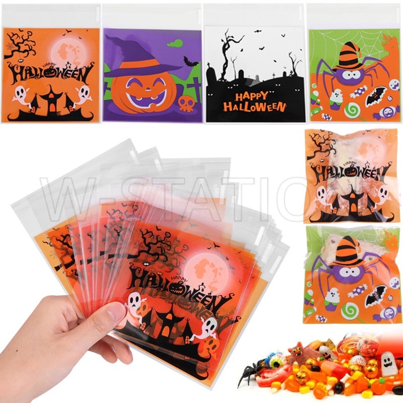 100 cái halloween cookie candy bag / cartoon pumpkin ghost self adhesive snack wrap pouch / transparent self-sealing biscuits túi đóng gói / trang trí tiệc cho trẻ em hiện tại