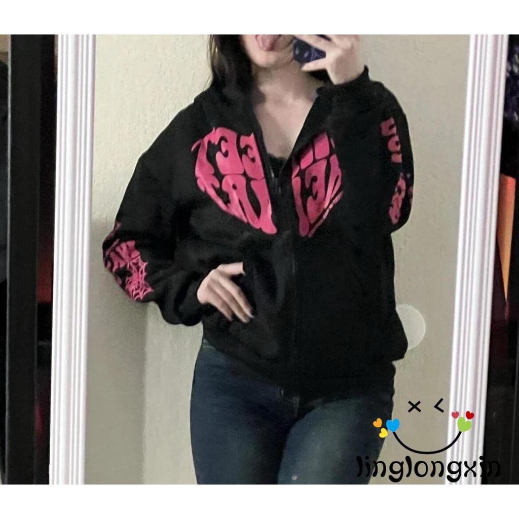 Linglongxi2-nữ tay dài chữ in hoodie cool street outwear