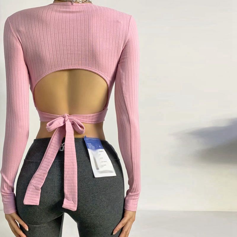 Áo Thun Thể Thao Tay Dài Khoét Eo Ngắn Hở Rốn Ôm Sát Phong Cách Âu Mỹ Quyến Rũ Cho Nữ