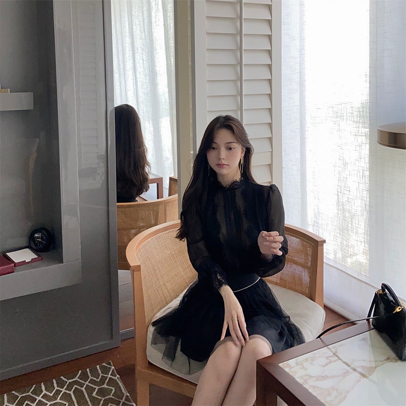 Bộ Áo Tay Phồng + Chân Váy Eo Cao Phối Ren Lưới Thời Trang Mùa Thu 2023 2q3g