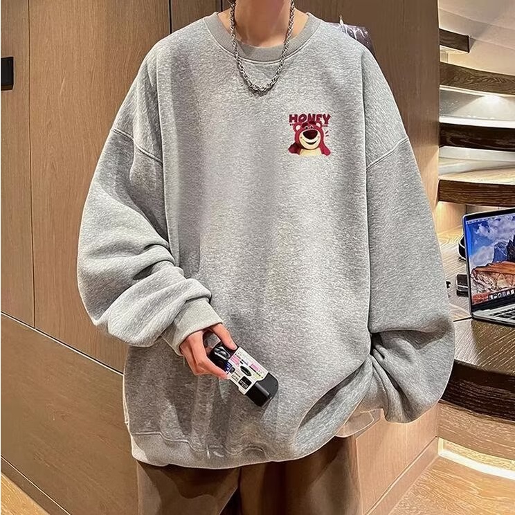 Áo Sweater nam form rộng big size tới 90kg Mỹ sáng tạo phim hoạt hình dâu tây gấu in Unisex Thời Trang Trẻ Trung