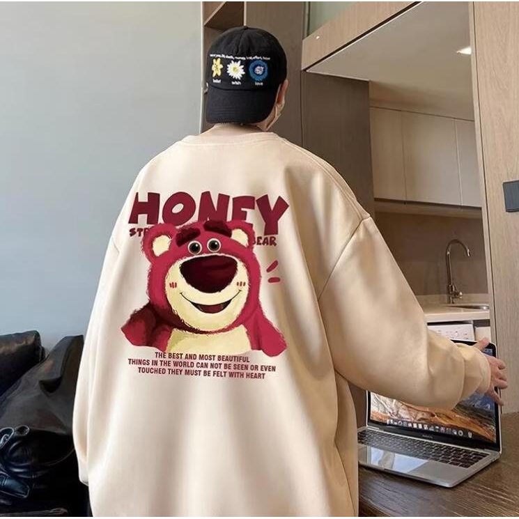 Áo Sweater nam form rộng big size tới 90kg Mỹ sáng tạo phim hoạt hình dâu tây gấu in Unisex Thời Trang Trẻ Trung