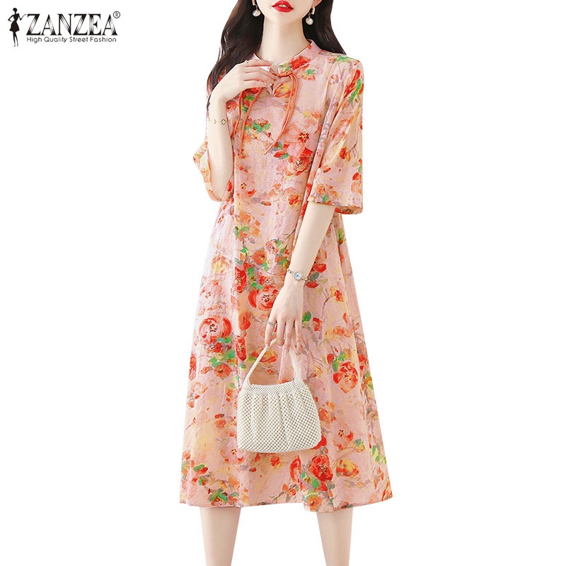 Đầm hoa ZANZEA cổ đứng ngắn tay phong cách Hàn Quốc thời trang dành cho nữ