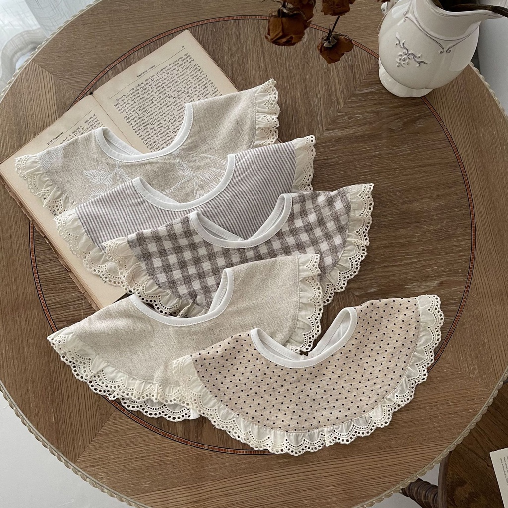 Yếm Ăn Vải Lanh Cotton Phối Ren Giả Phong Cách Nhật Bản Bốn Mùa Dành Cho Trẻ Sơ Sinh FP2W