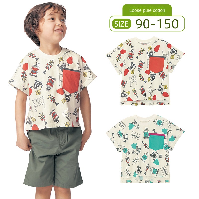 Quần áo trẻ em boy summer cotton t-shirt trẻ em shinkansen bullet train pattern short-tay áo sơ mi rời vai nửa tay áo nhật bản tide -0813