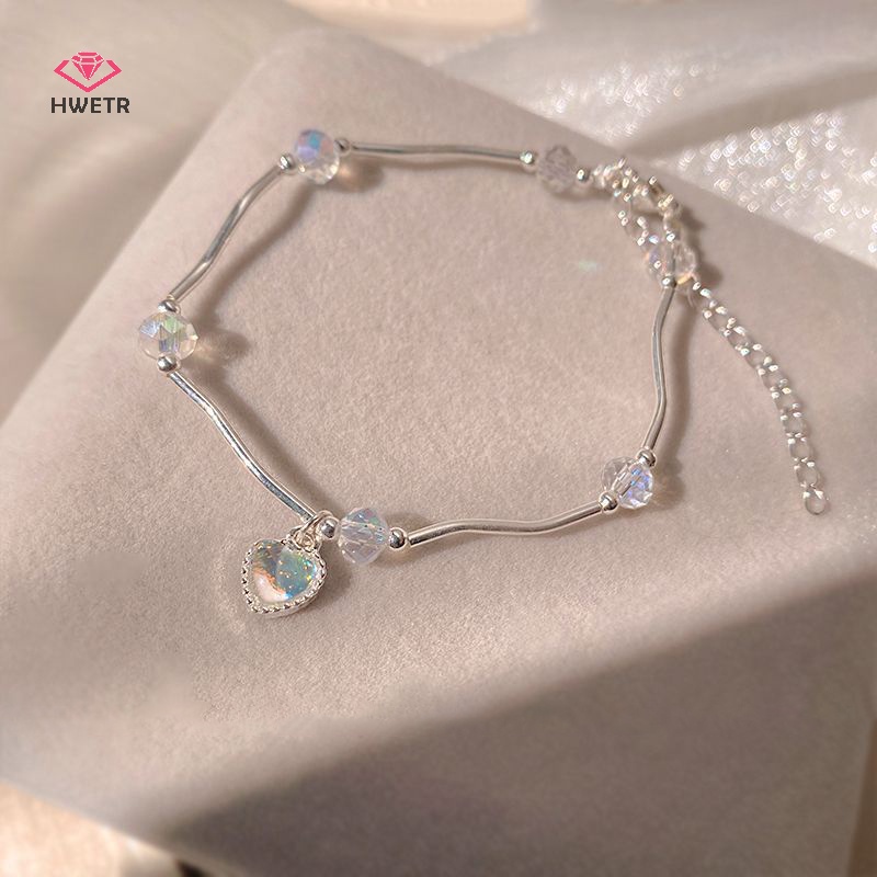 Vòng đeo tay HWETR đính đá pha lê đầy màu sắc kiểu trái tim ngọt ngào thời trang dành cho nữ