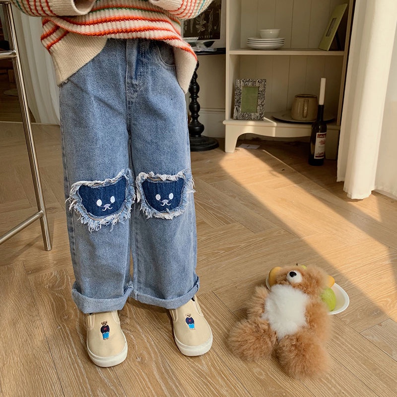 Quần jeans dài BEIBEIYIN vải denim ống rộng họa tiết hoạt hình dễ thương phong cách Hàn Quốc thời trang dành cho bé gái