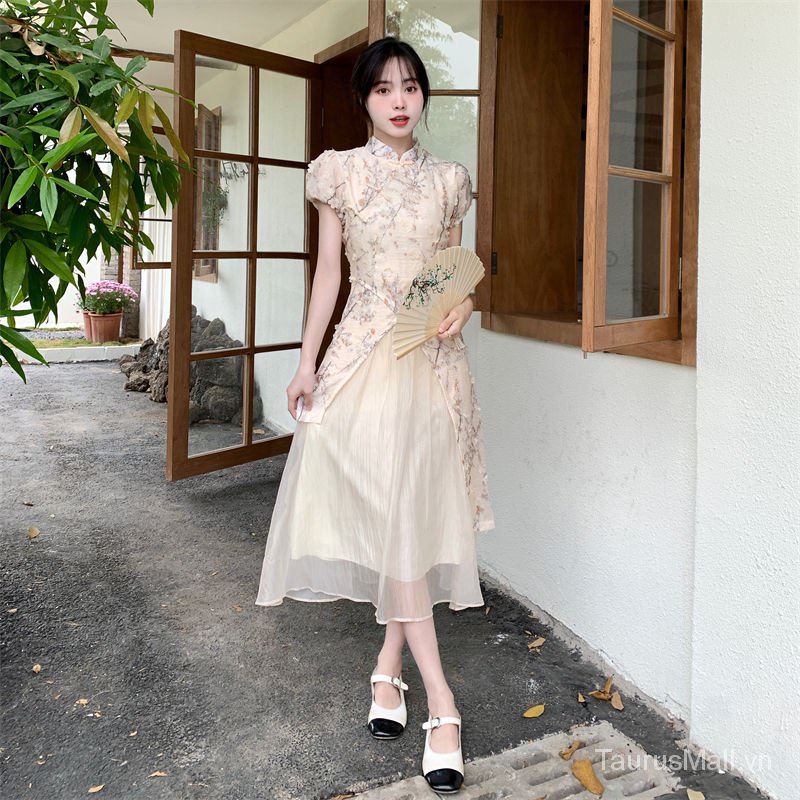 Kích thước lớn phong cách trung quốc mới cải tiến đường khâu váy sườn xám tính khí nhẹ nhàng eo hẹp mảnh mai hơn trông hot girl váy dài phụ nữ