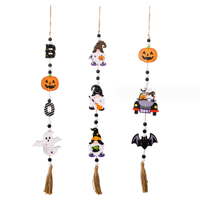 Mô hình HALLOWEEN - trang trí treo tường bằng gỗ - dây treo bí đỏ và những người bạn ma