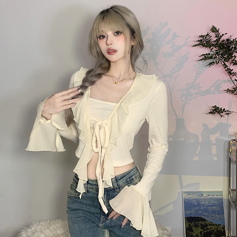 Kliou 2023 Mới Áo Cardigan Ngắn Ôm Dáng Tay Chuông Ngắn Diềm Xếp Nếp Thông Thoáng Màu Mơ Tươi Trẻ Mới 2023