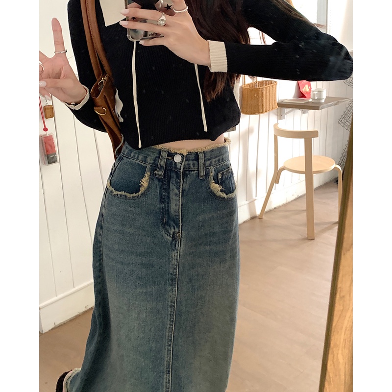 Chân Váy Denim Lưng Cao Thời Trang Retro Đường Phố Cá Tính Cho Nữ