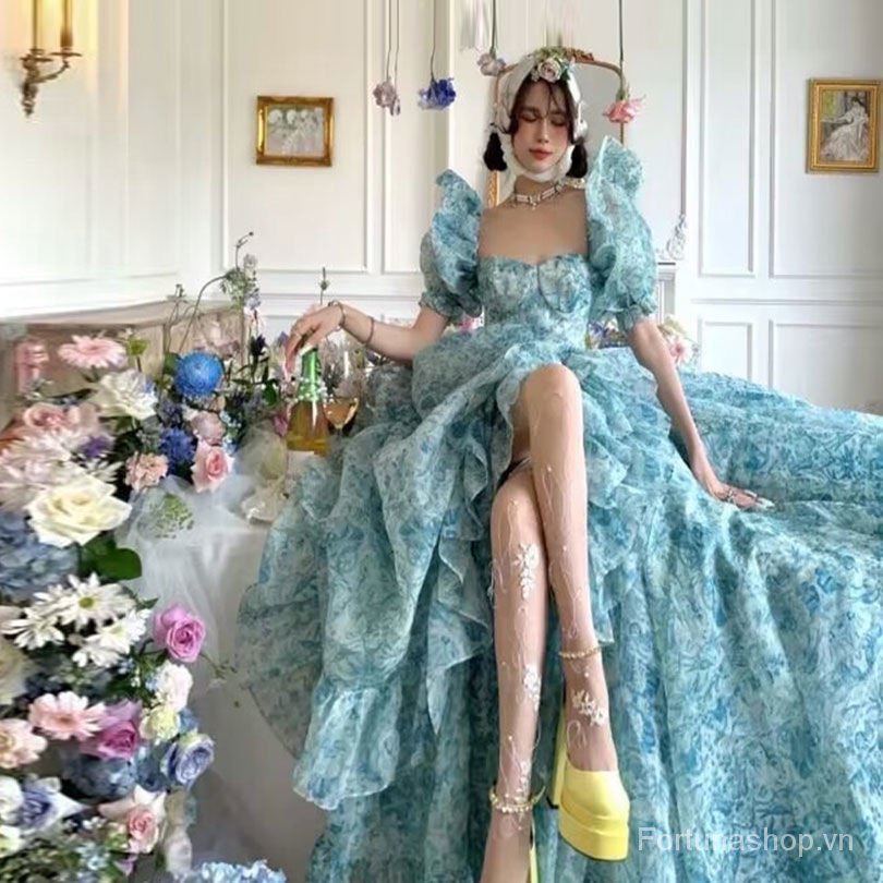 Sớm Mùa Xuân Phong Cách Mới Áo Tay Phồng In Họa Tiết Sứ Trắng Xanh Siêu Thơ Cao Cấp Dáng Hẹp Eo Pettiski