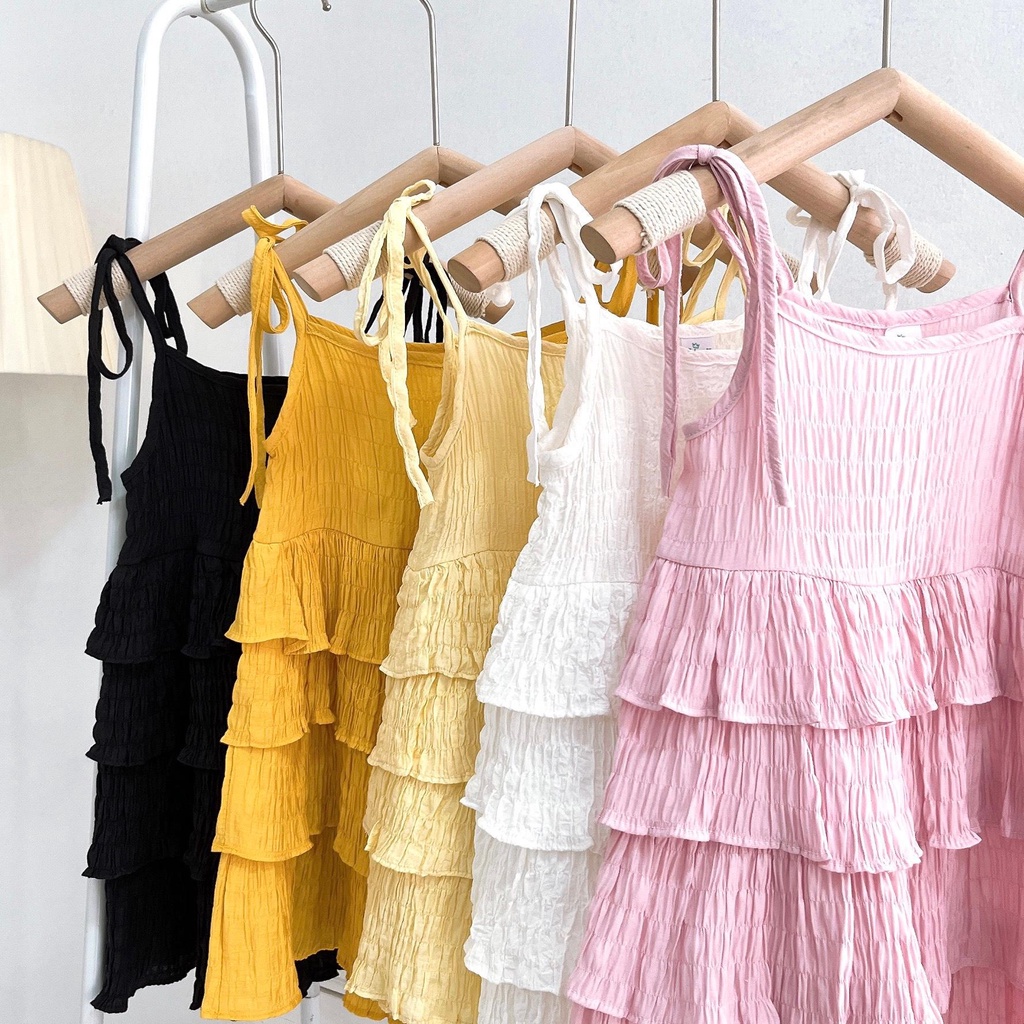 Váy bé gái 2 dây vải xốp nhún 3 tầng