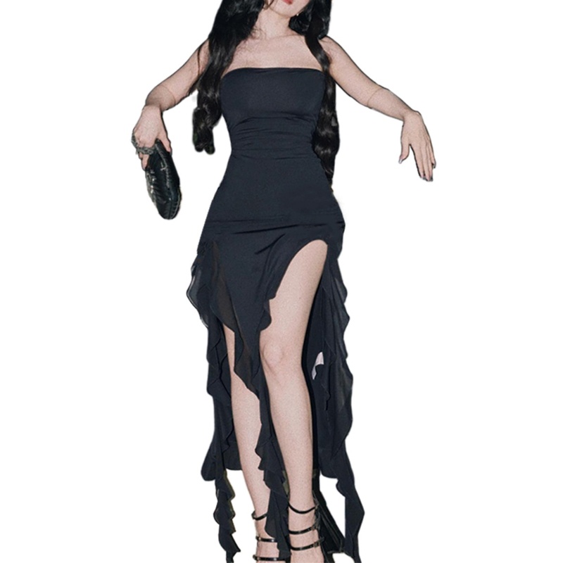 Xiangbao Đầm Dài Ôm Dáng Hở Vai Phối Bèo Và Lưới Tua Rua Xẻ Tà Không Đối Xứng Thời Trang Mùa