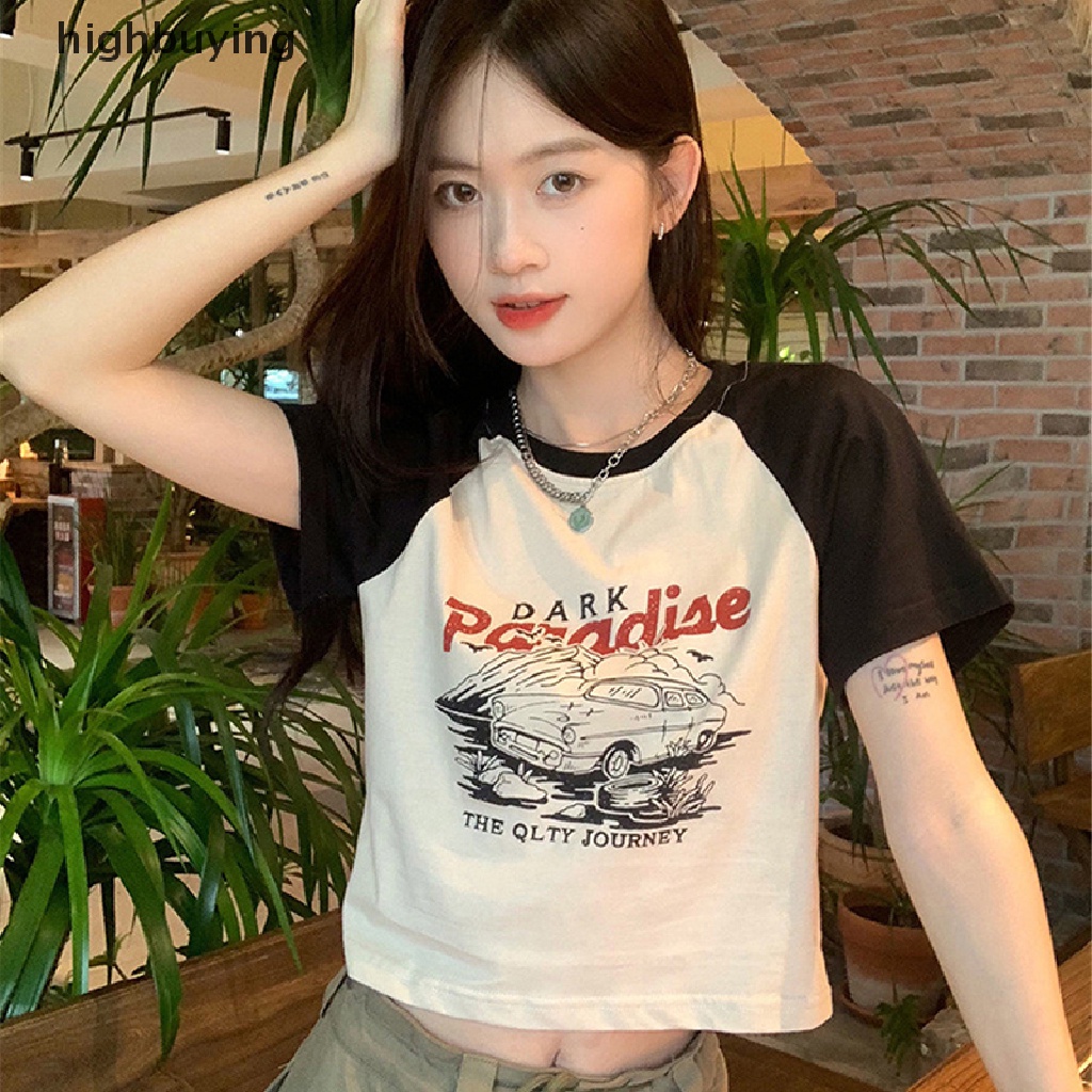 Áo Thun Lửng Ngắn Tay Cổ Tròn In Họa Tiết Phong Cách Retro Mỹ