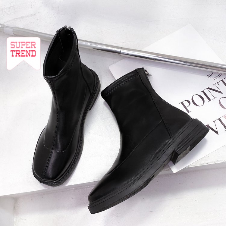 Giày bốt martin ống thấp mũi tròn phối khóa kéo thời trang cho nữ