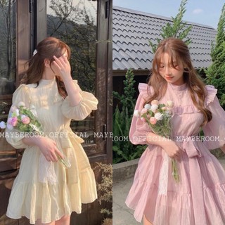 Đầm voan xếp ly tay phồng thắt eo