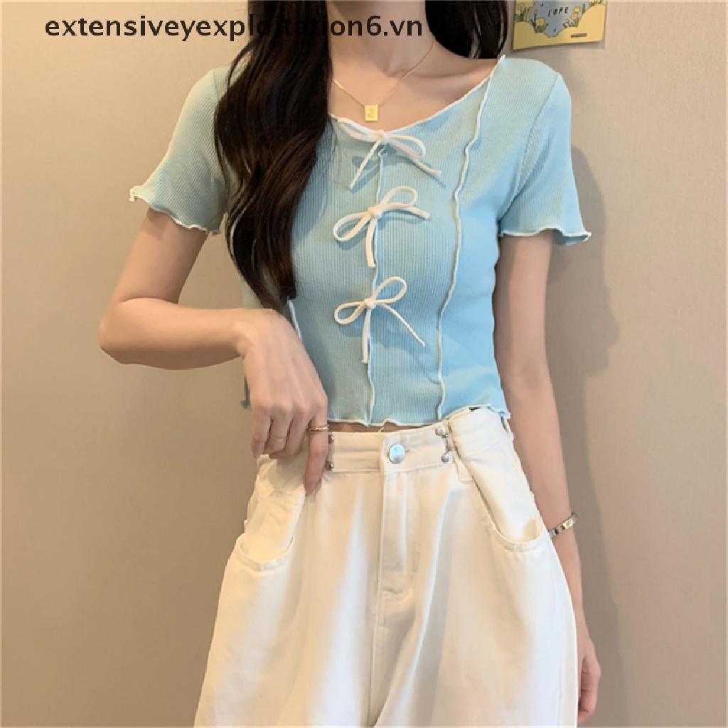 Áo Crop Top Dệt Kim Tay Ngắn Cổ Tròn Thắt Nơ Thời Trang Mùa Hè Cho Nữ
