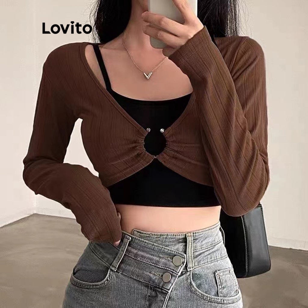 Lovito Bộ áo kim loại trơn giản dị cho nữ LNE05133 (Cà phê)