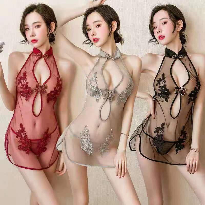 Đầm Ngủ Sườn Xám Phối Ren Thêu Họa Tiết Phong Cách Cổ Điển Quyến Rũ
