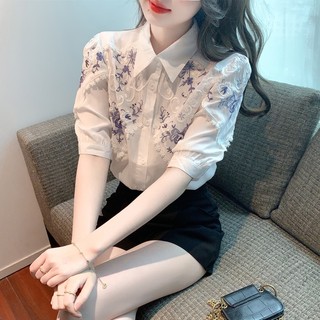 Áo sơ mi trắng thêu họa tiết độc đáo thời trang mùa hè 2023 mới