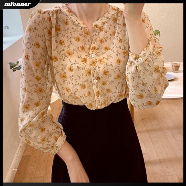 Áo Sơ Mi Voan Hoa Dài Tay Cổ V Thời Trang Nữ Tính