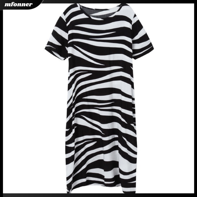 Đầm Tay Ngắn Cổ Tròn Dáng Rộng Họa Tiết Kẻ Sọc Thời Trang Cho Nữ