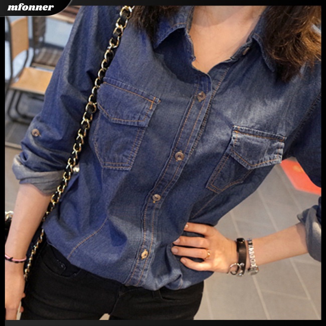 Áo Sơ Mi Denim Tay Dài Màu Sắc Thời Trang Cho Nữ