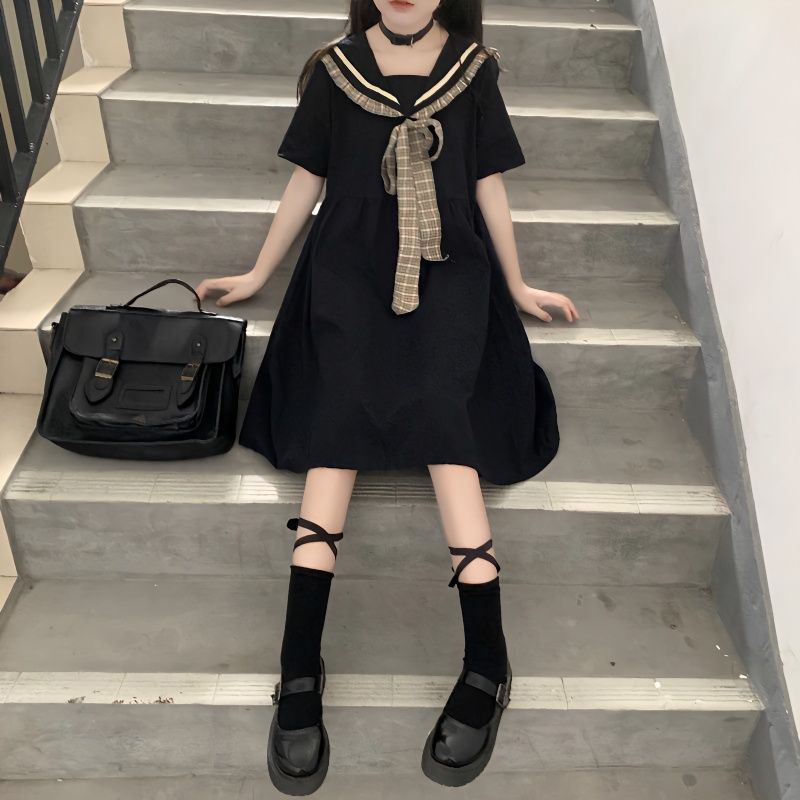 Đầm Chữ A Tay Ngắn Cổ Thủy Thủ Dễ Thương Phong Cách Nhật Bản Thời Trang Mùa Hè Cho Nữ