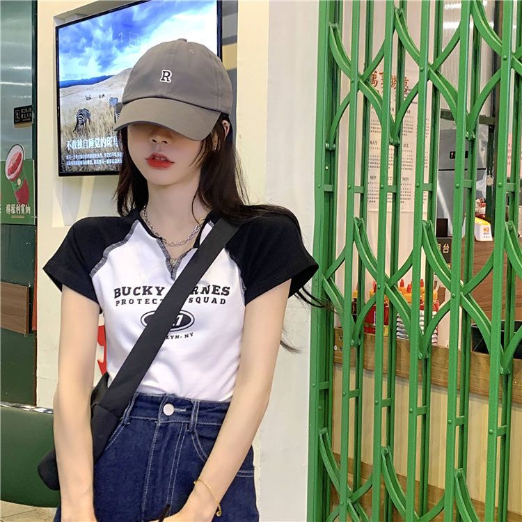 Áo Thun Ngắn Hở Rốn Cổ Chữ V Dáng Ôm Màu Sắc Tương Phản Thời Trang Mùa Hè 2023 Dành Cho Bạn Nữ