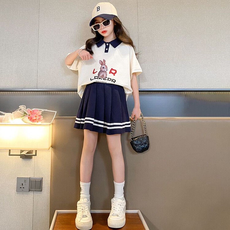 Bộ Áo Váy Hai Mảnh Mùa Hè In Họa Tiết Hoạt Hình Phong Cách Hàn Quốc Cho Bé Gái 3-14 Tuổi