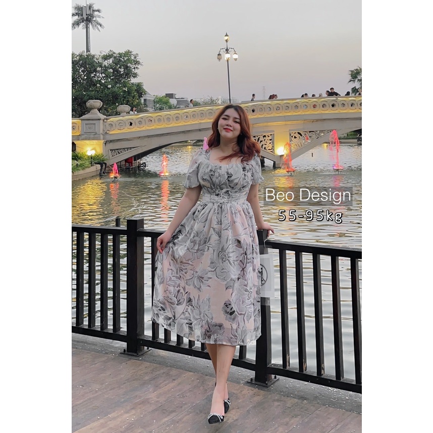 Đầm voan ly eo hoa xám