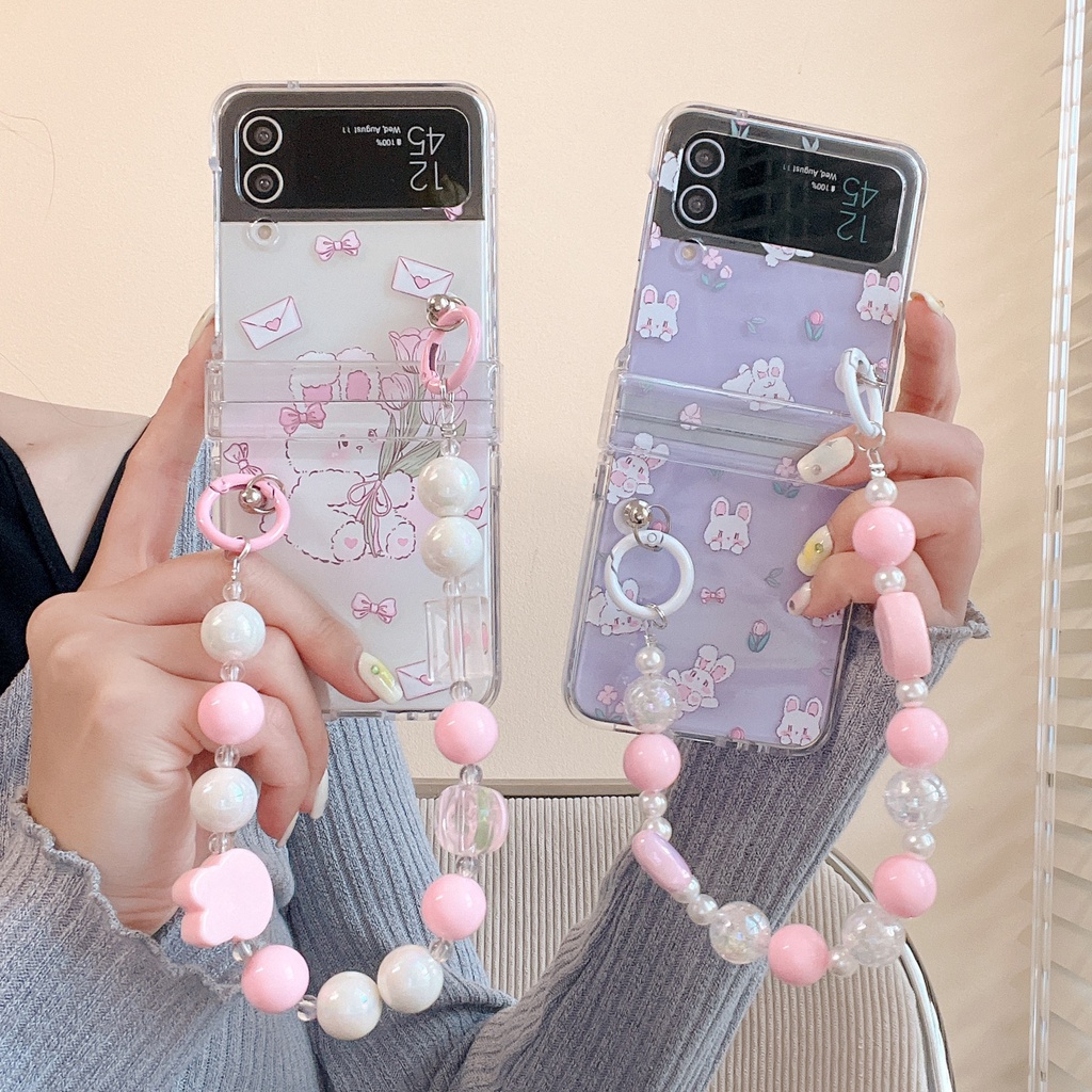 Ốp Điện Thoại Trong Suốt Họa Tiết Thỏ Dễ Thương Kèm Dây Đeo Dành Cho Samsung Galaxy Z Flip 4 Galaxy Z Flip 3 5G