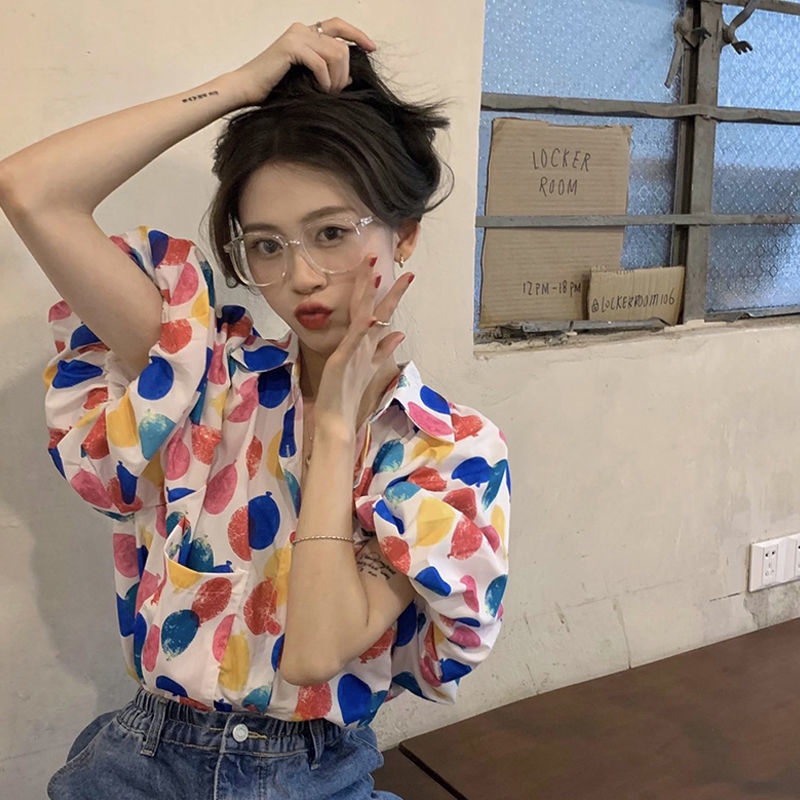 IELGY Áo Sơ Mi Tay Ngắn Phồng Họa Tiết Hoa Thời Trang Cho Nữ