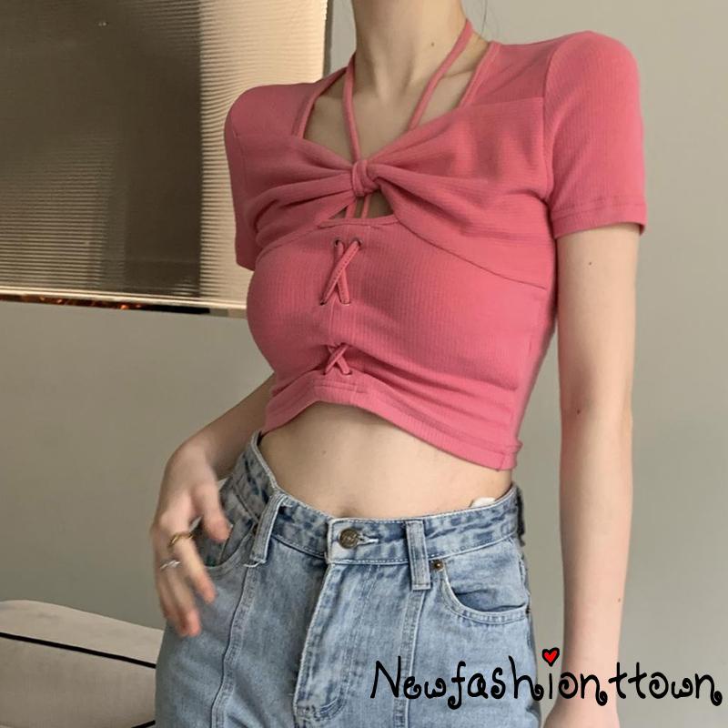 Áo Thun Lửng Ngắn Tay Thắt Nơ Eo Thời Trang Nữ Tính