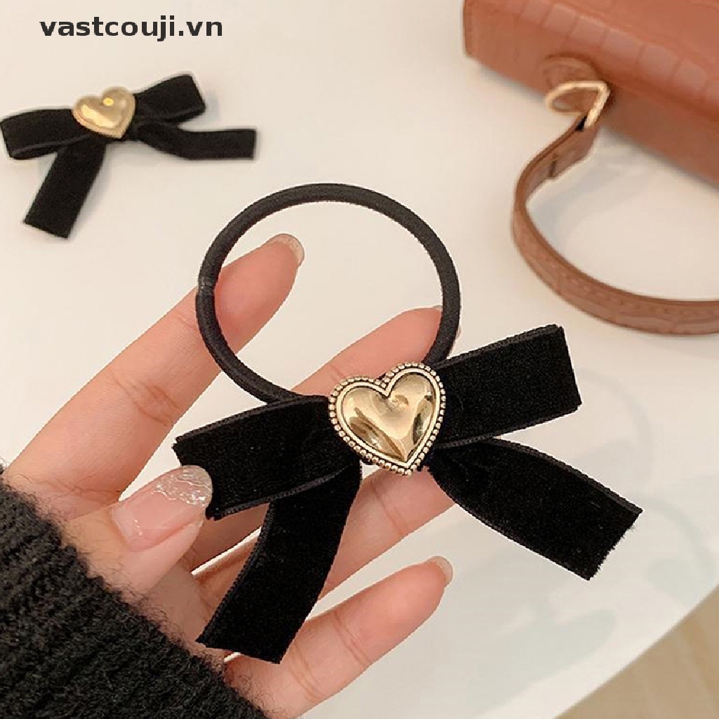 Dây Cột Tóc Màu Đen Bằng Nhung Đính Nơ Trái Tim Xinh Xắn Cho Nữ