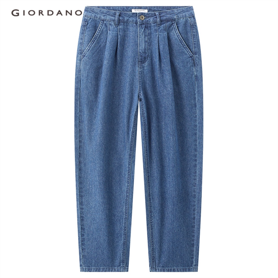 Quần denim GIORDANO 13423201 cotton lưng cao vừa xếp nếp nhẹ dành cho nữ