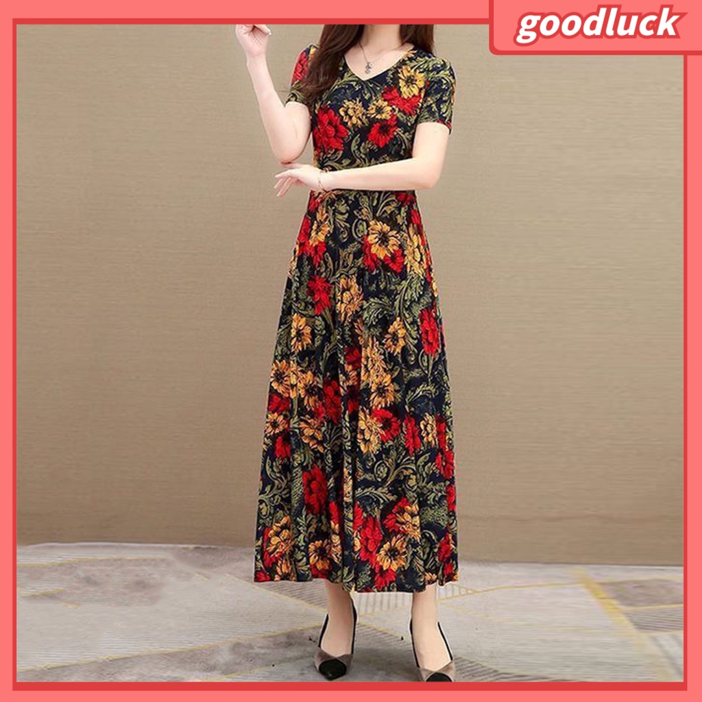 Đầm Maxi Tay Ngắn Cổ Chữ V Dáng Rộng In Họa Tiết Hoa Phong Cách Vintage Thời Trang Mùa Hè Cho Nữ