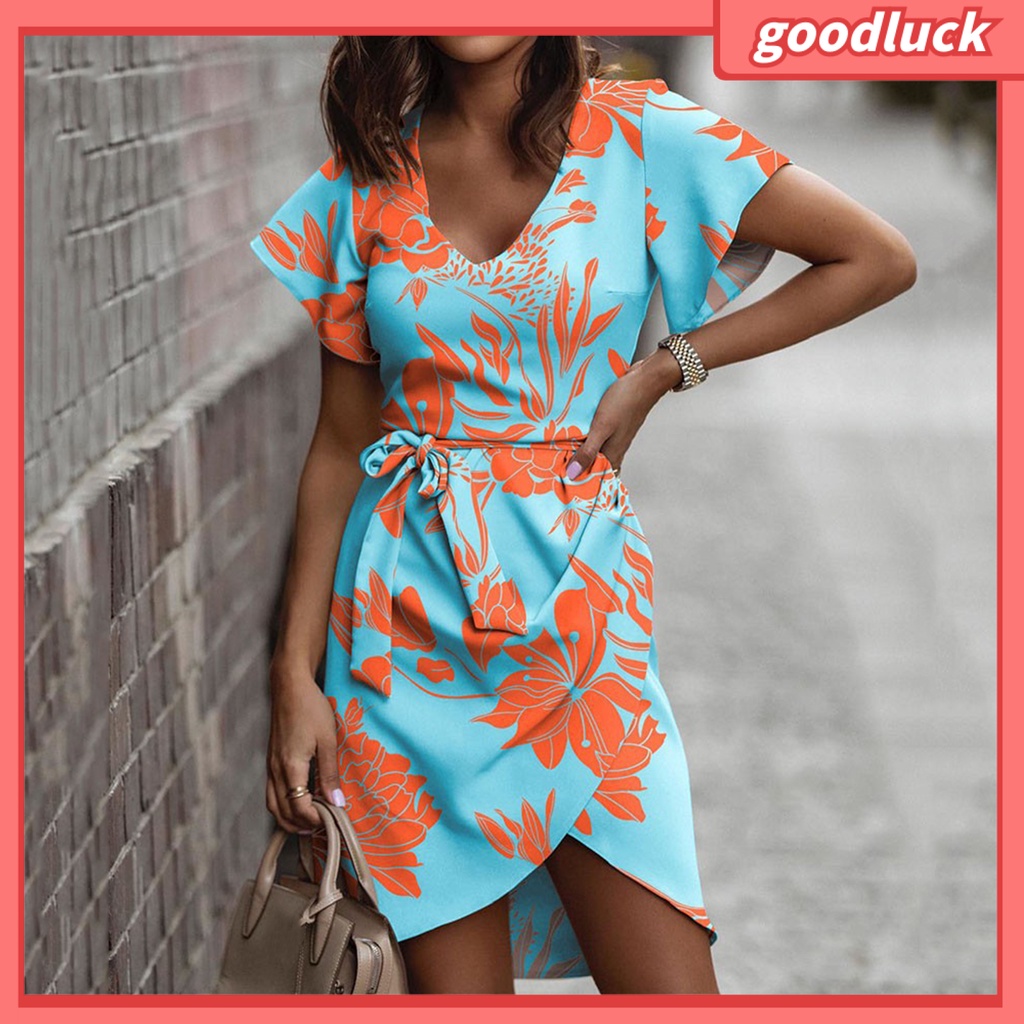 [ULK] Đầm Tay Ngắn Cổ Chữ V In Hoa Phối Dây Cột Eo Không Đều Màu Thời Trang Đi Biển Mùa Hè Dành Cho Nữ