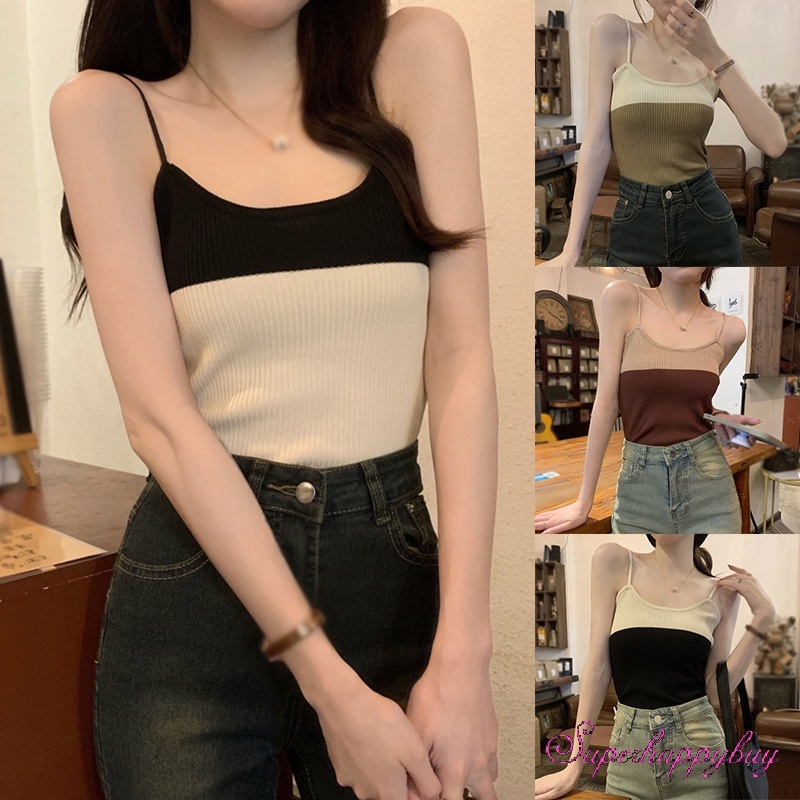 Áo Tank Top Dệt Kim Sát Nách Màu Tương Phản Thời Trang Mùa Hè Cho Nữ